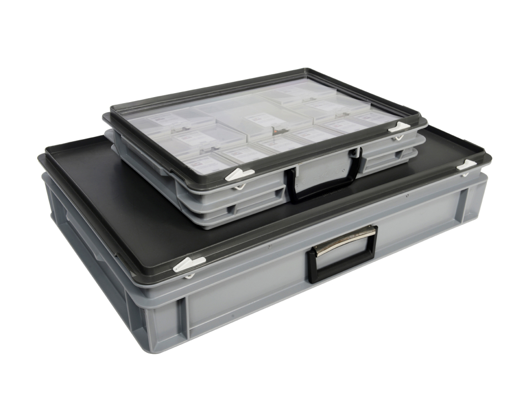 Medium Kitting Case with clear lid on top of a large kitting case