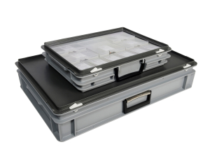 Medium Kitting Case with clear lid on top of a large kitting case
